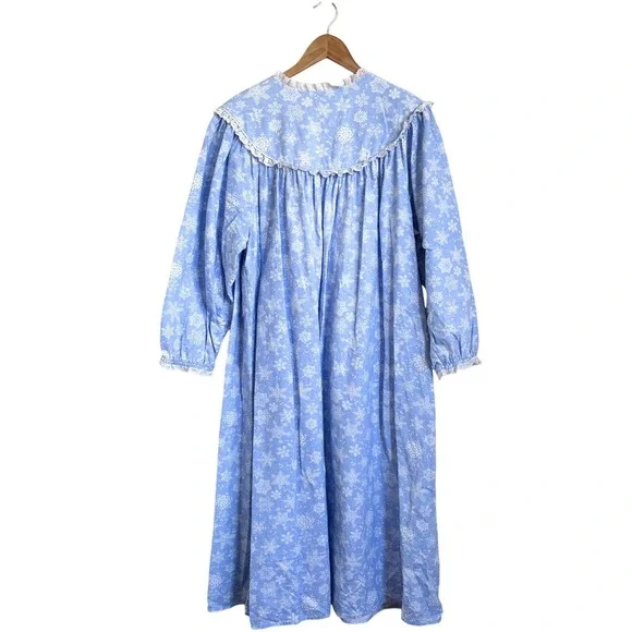Lanz of Salzburg Womens Snowflake Nightgown Size L Blue Flannel Lace Trim Modest - Picture 4 of 11